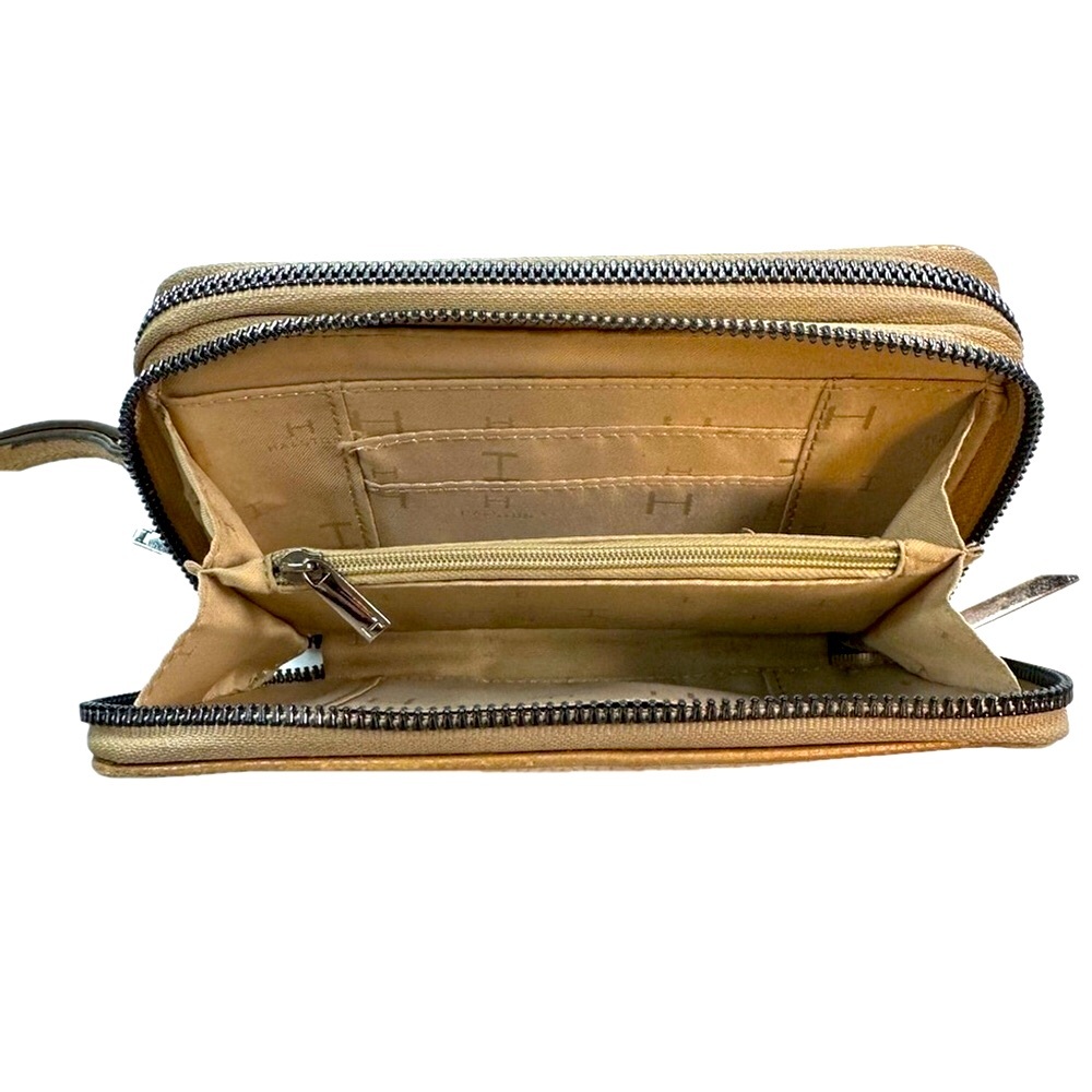 Vintage H By Halston Pearlized Champagne Logo Pebbled Leather Double Zip Wallet